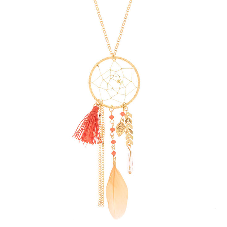 Claire's Long collier à pendentif attrape-rêves corail couleur doré