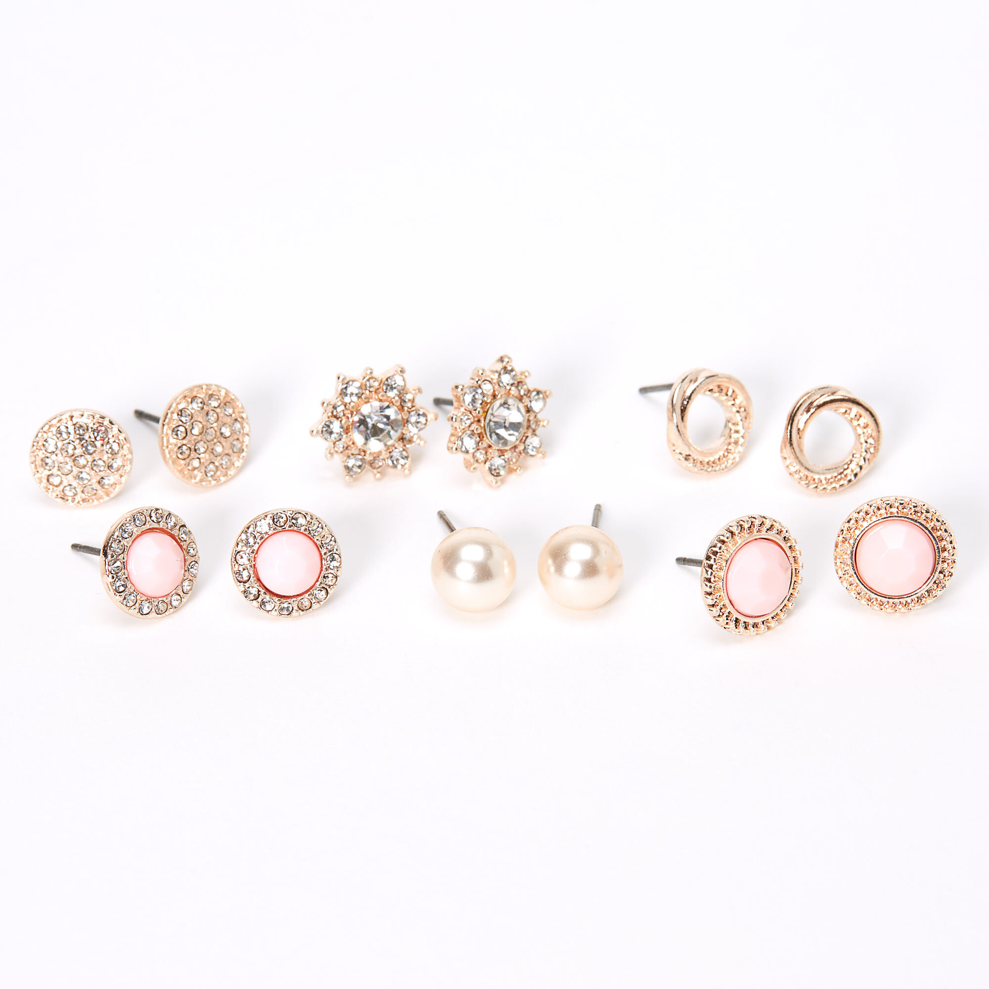 SIX PAIRS GOLD COLOUR CRYSTAL CREAM PEARL EFFECT STUD EARRING SET 