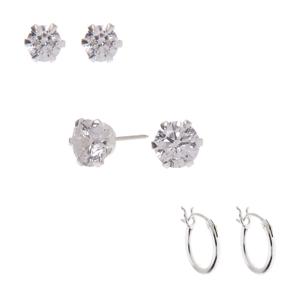 Hoops & Loops Sterling Silver Unisex Black Cubic Zirconia Round Stud Earrings All Sizes