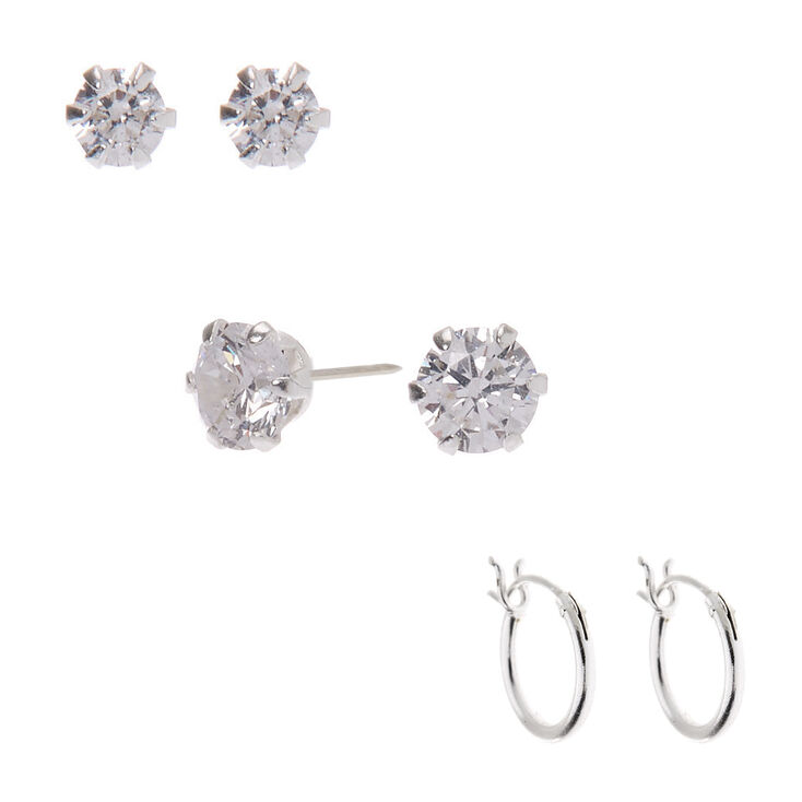 C LUXE by Claire&#39;s Sterling Silver Cubic Zirconia Stud &amp; Hoop Earrings - 3 Pack,