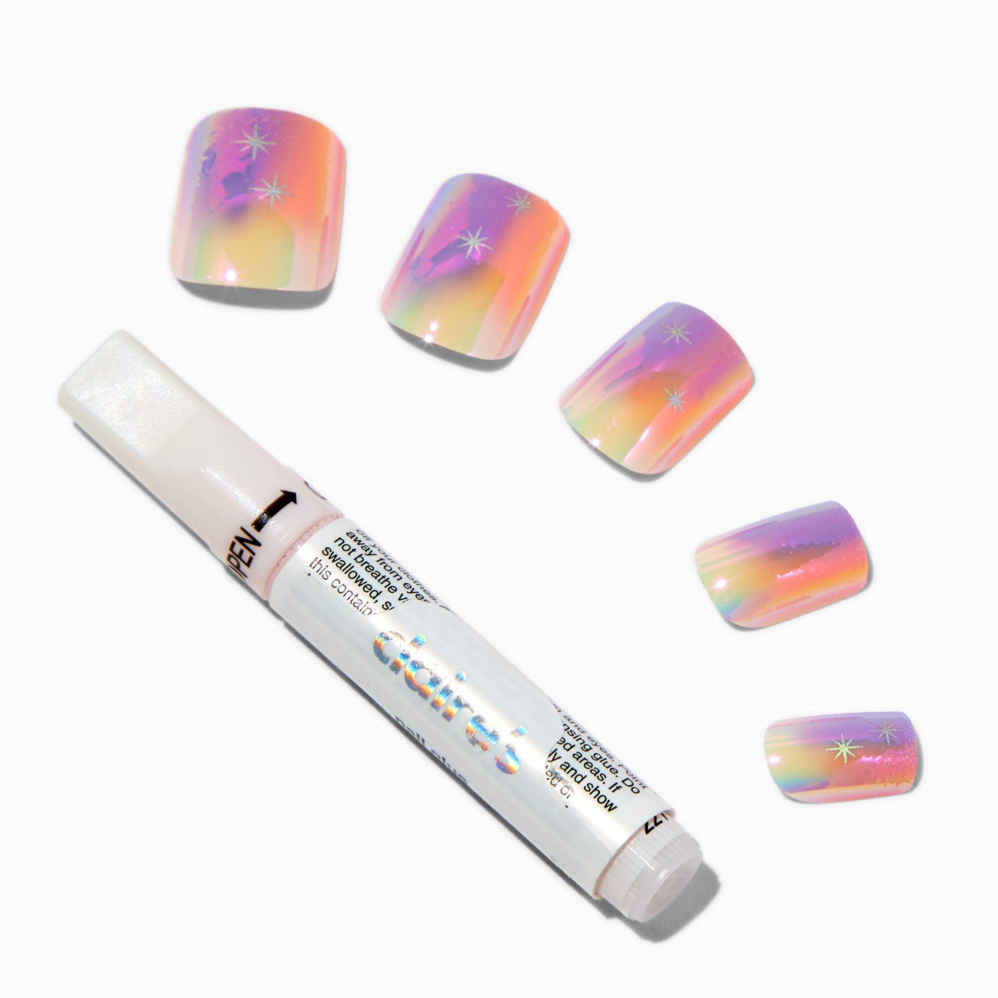 Iridescent Glitter Star Square Vegan Faux Nail Set - 24 Pack