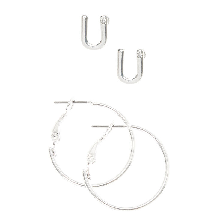 Silver Initial U Stud and Mini Hoop Earrings,