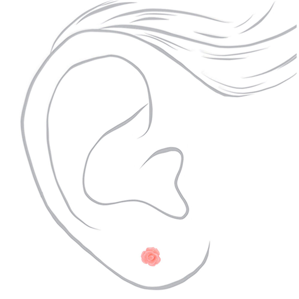 Sterling Silver Glitter Rose Stud Earrings - Pink,