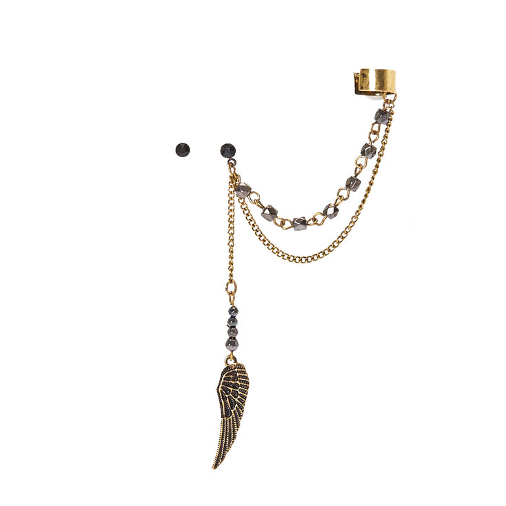 Burnished Gold Tone Wing Chain Ear Cuff And Black Stud Earring Set Burnished Gold Tone Wing Chain Ear Cuff And Black Stud Earring Set