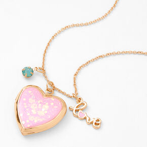 Gold Glitter Heart Locket Pendant Necklace,