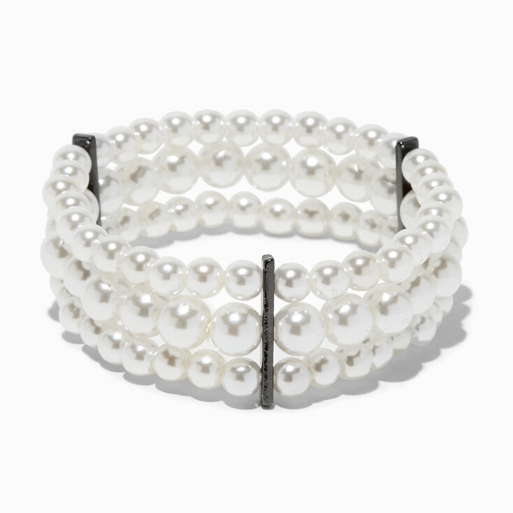 Three-Row Pearl &amp; Hematite Stretch Bracelet,