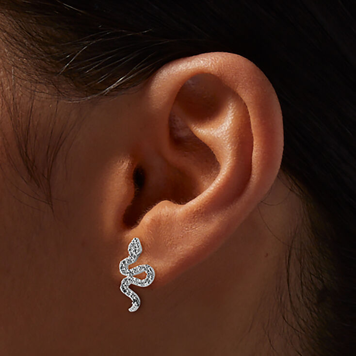Silver-tone Cubic Zirconia Pav&eacute; Snake Stud Earrings,