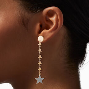 Gold-tone Glitter Star Linear Drop Earrings,