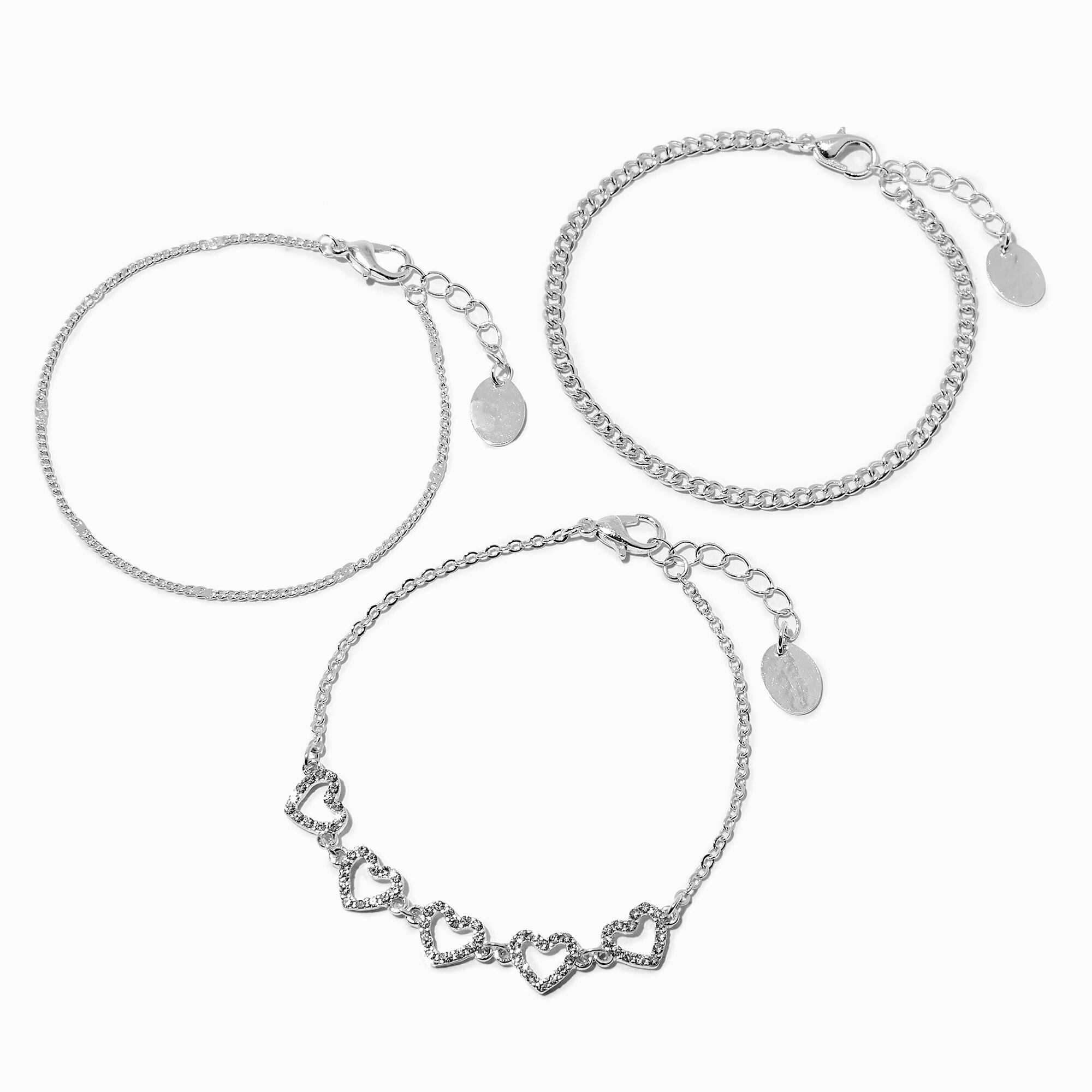 View Claires Tone Crystal Heart Bracelet Set 3 Pack Silver information