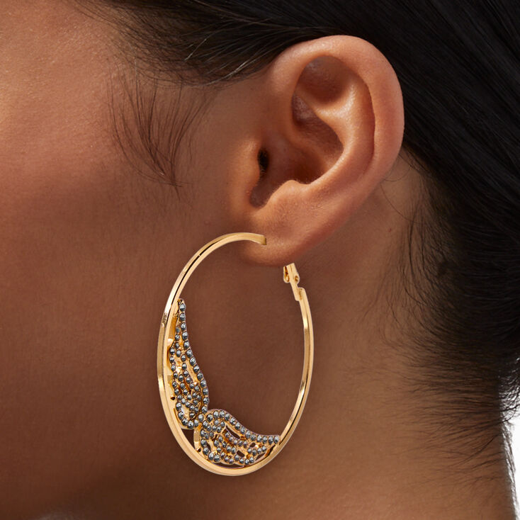 Gold-tone Crystal Angel Wings 70MM Hoop Earrings ,