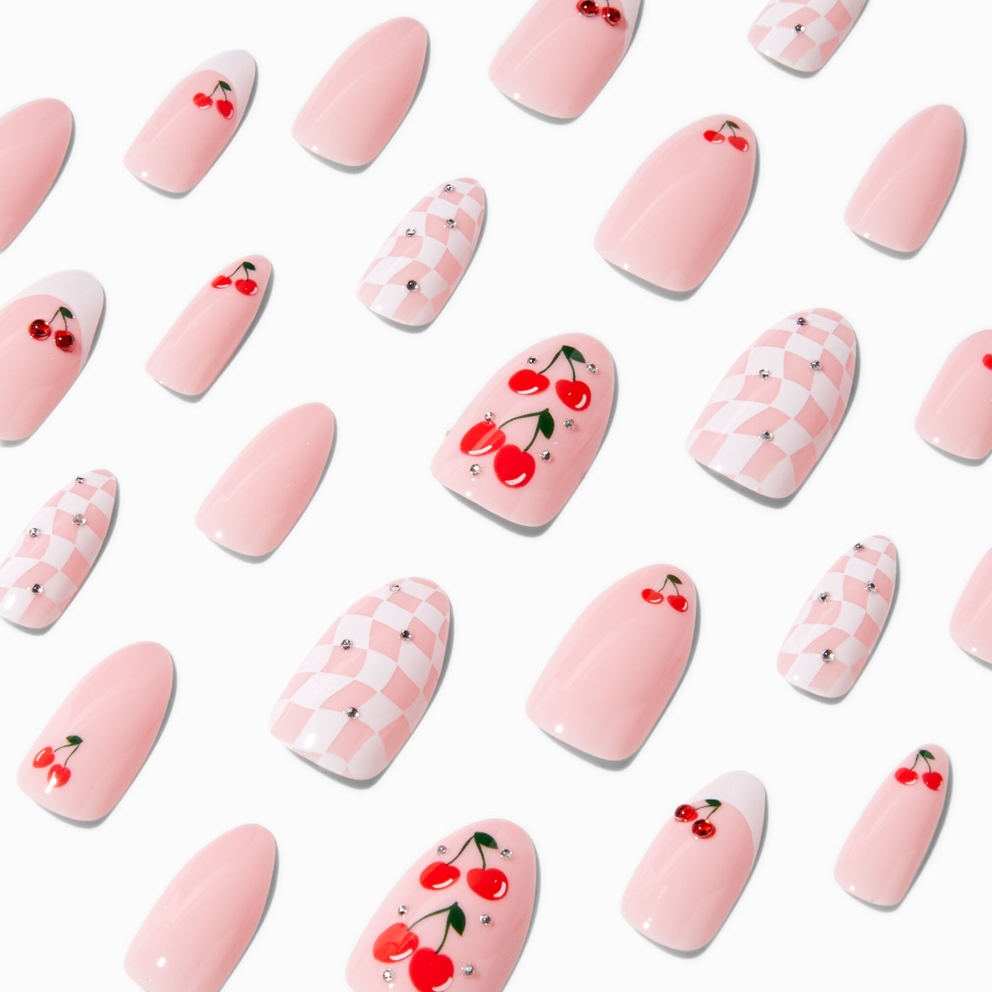 View Claires Wavy Checkered Cherry Stiletto Vegan Faux Nail Set 24 Pack White information