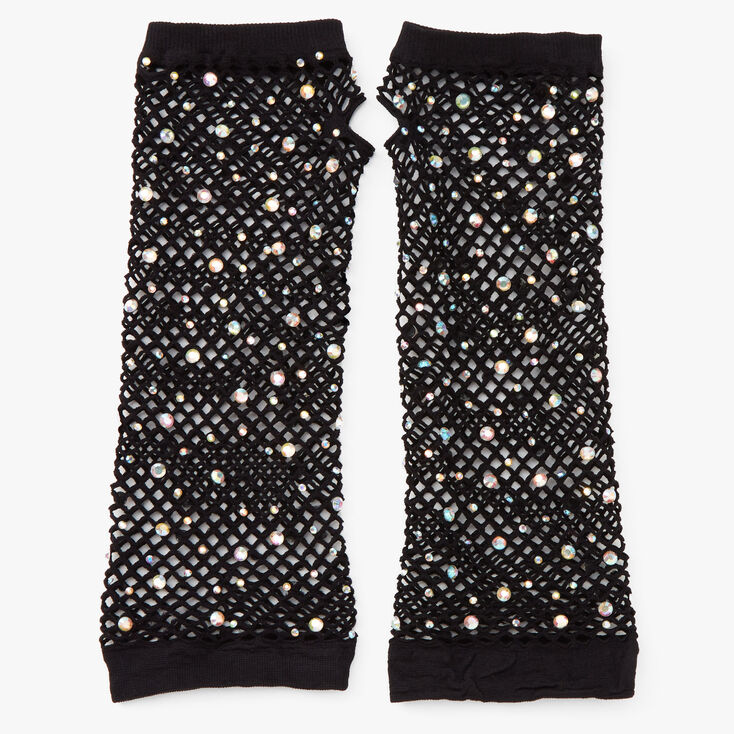 Rhinestone Fishnet Arm Warmers - Black,