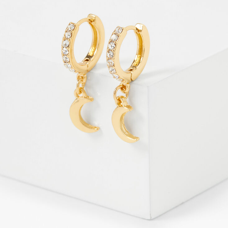 Gold 15MM Crystal Crescent Moon Huggie Hoop Earrings,