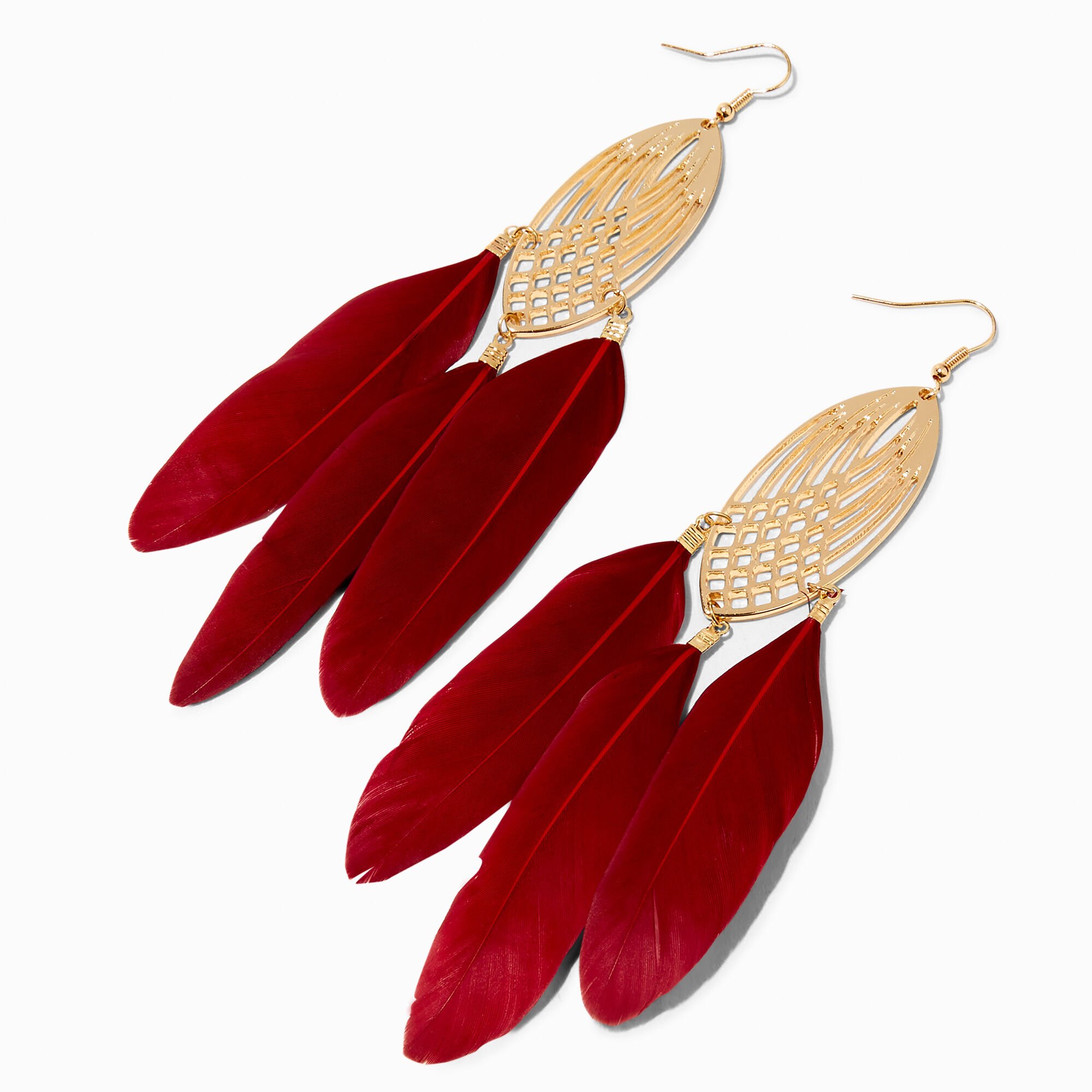 View Claires Gold 6 Feather Drop Earrings Red information