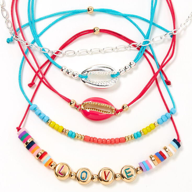 Rainbow Love Cowrie Shell Adjustable Bracelets - 5 Pack,