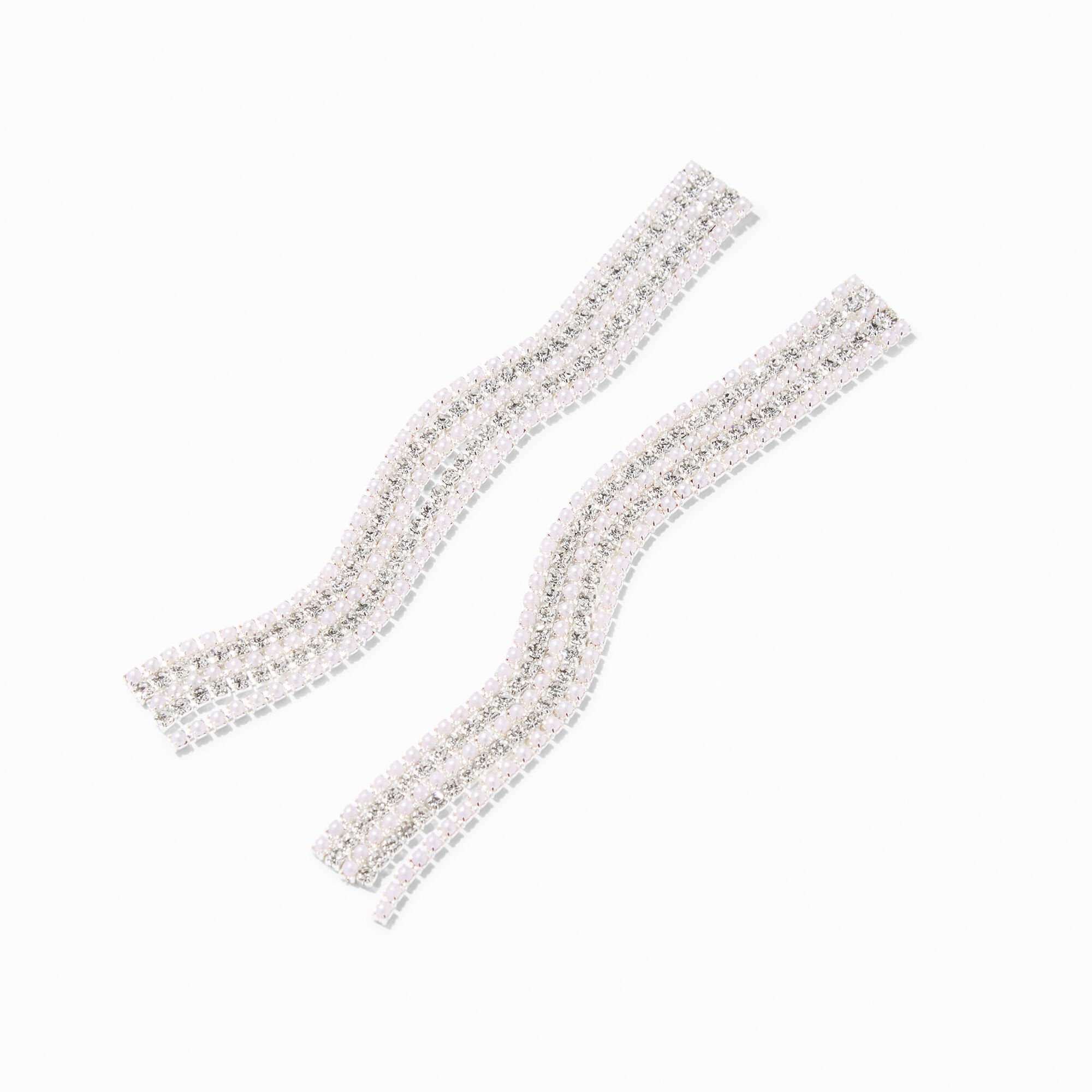 View Claires Tone 3 Pearl Embellished Linear Drop Earrings Silver information