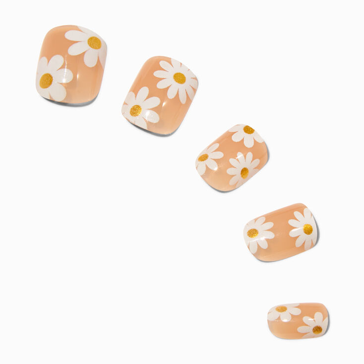 Glitter Daisy Short Square Vegan Faux Nail Set - 24 Pack,