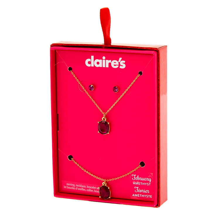 Claire's Coffret cadeau parure de bijoux pierre de naissance du mois de février - Améthyste d'imitation, lot de 3
