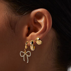Gold-tone Crystal Bow Thick Hoops Earring Stackables Set - 3 Pack ,