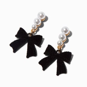 White Pearl &amp; Black Velvet Bow Drop Earrings,