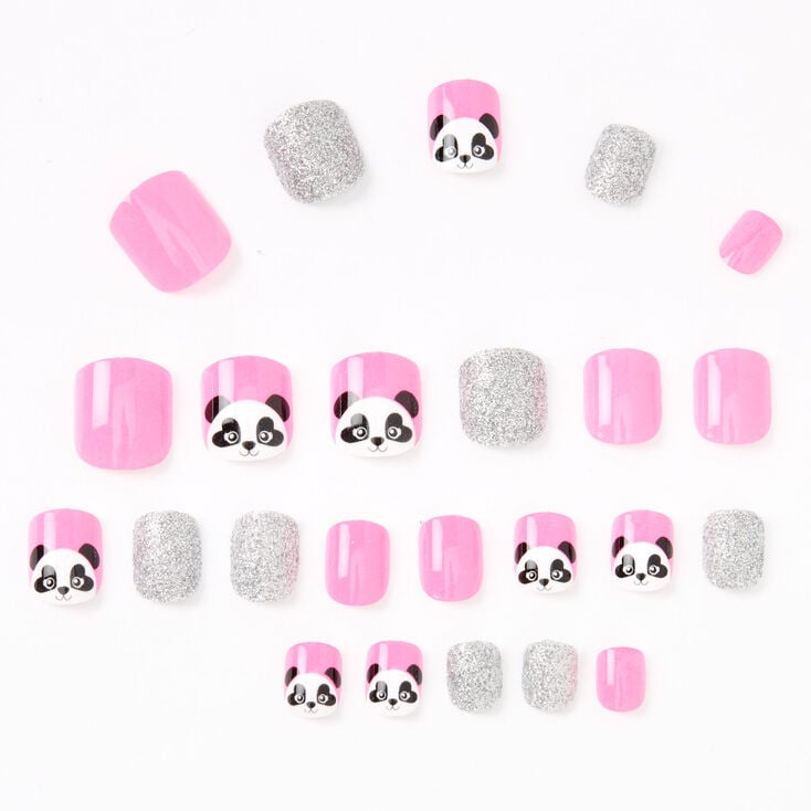 Faux ongles autocollants carr&eacute;s panda - Rose, lot de 24,