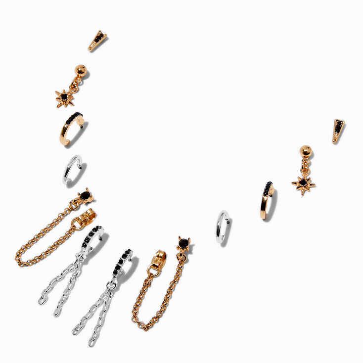 Mixed Metal Black Crystal Connector Earring Stackables Set - 6 Pack,