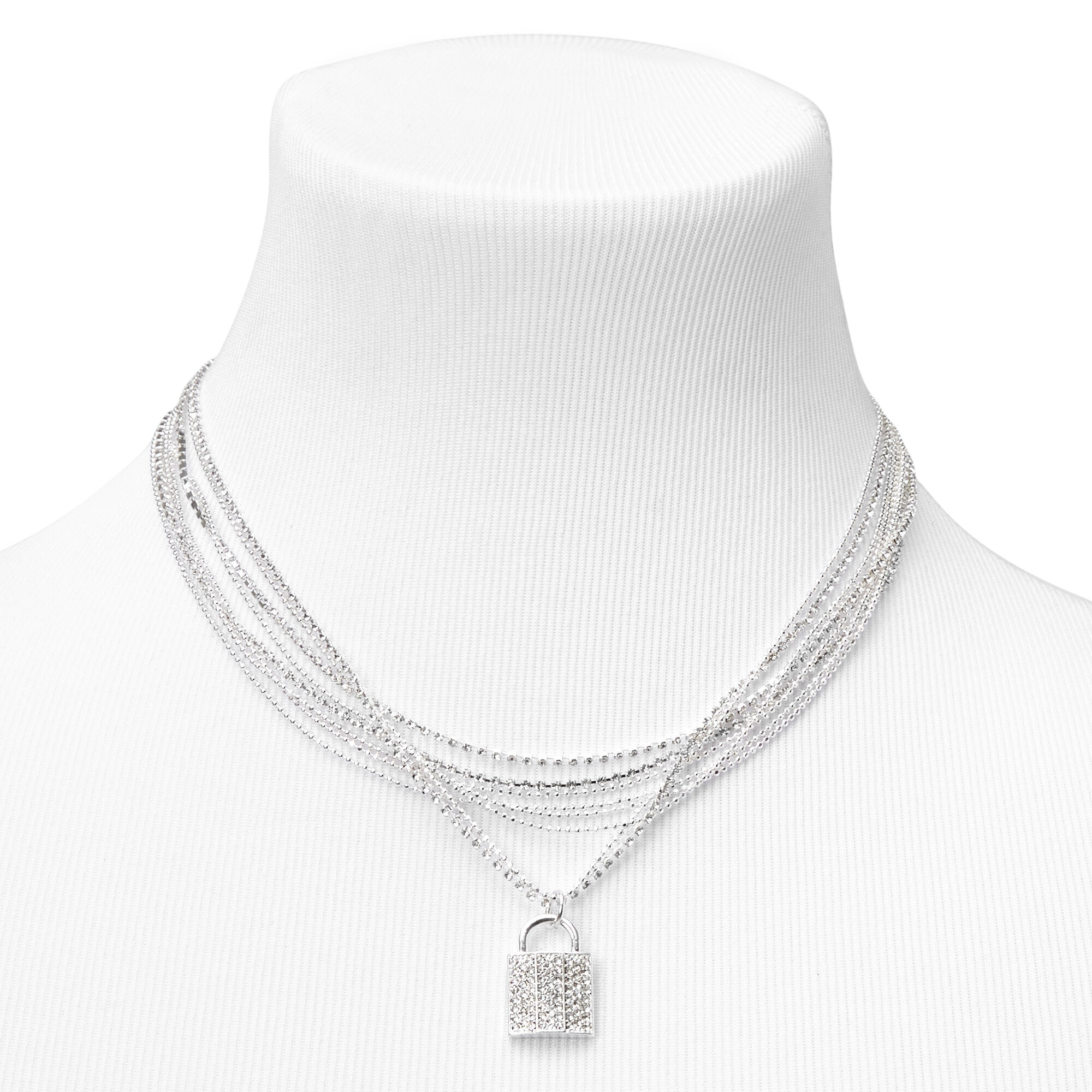 Silver Embellished Padlock Multi Strand Pendant Necklace,