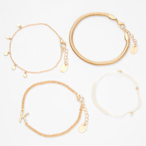 Gold Initial Chain Bracelet Set - 4 Pack, K,