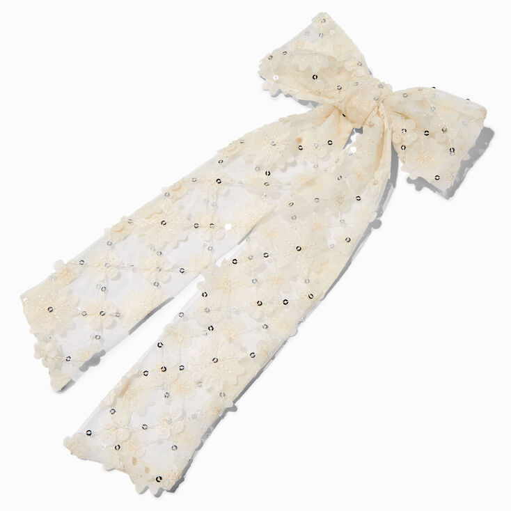 Ivory Flower Sequin Long Tail Hair Bow Clip,