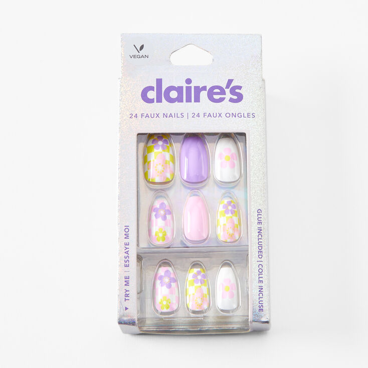 Floral Check Coffin Vegan Faux Nail Set - 24 Pack,