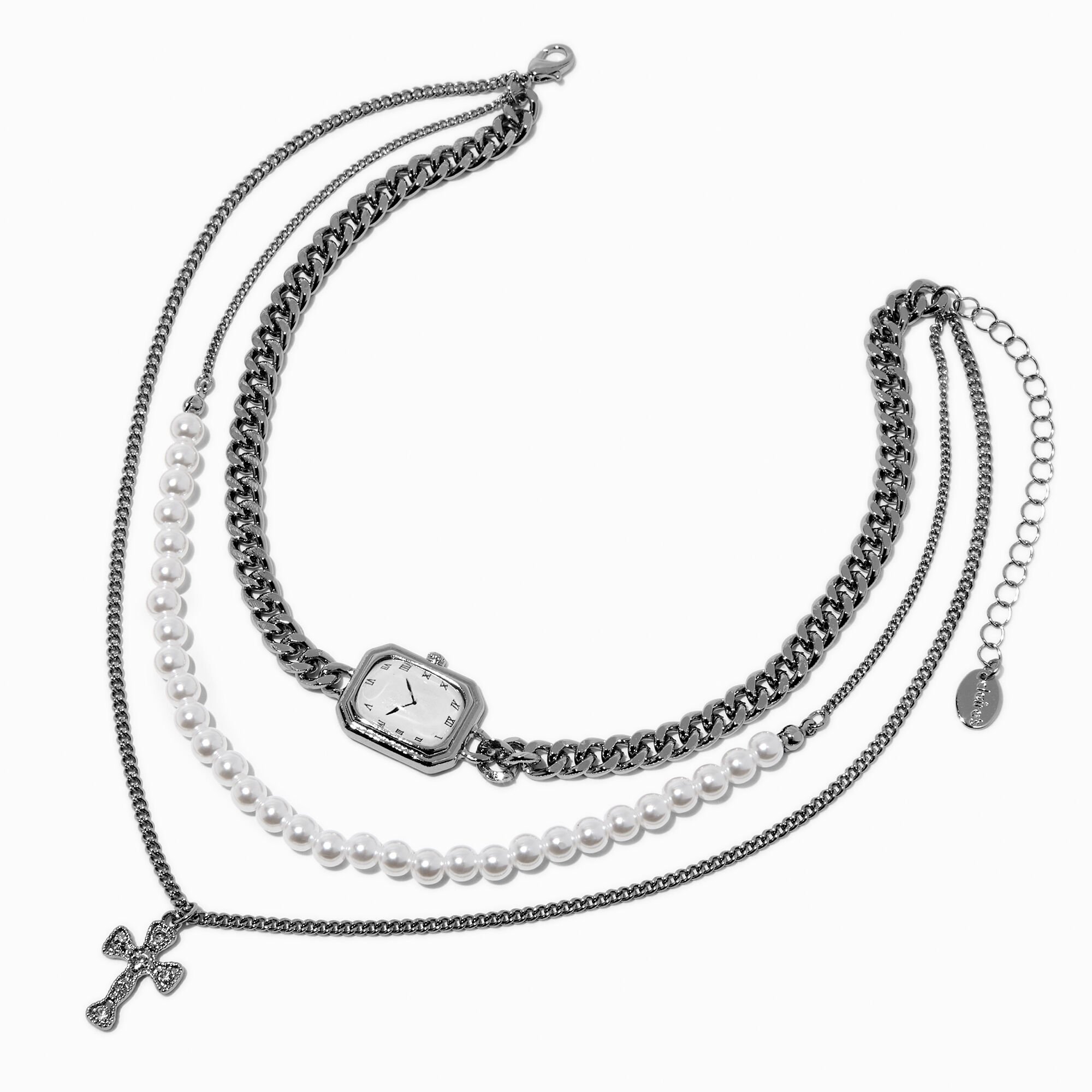 Collier multi-rangs horloge superposé couleur argentée,