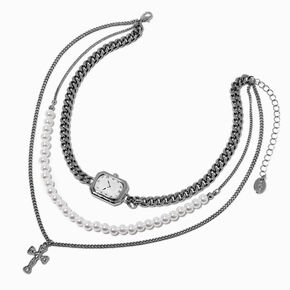 Silver-tone Layered Clock Multi-Strand Necklace,