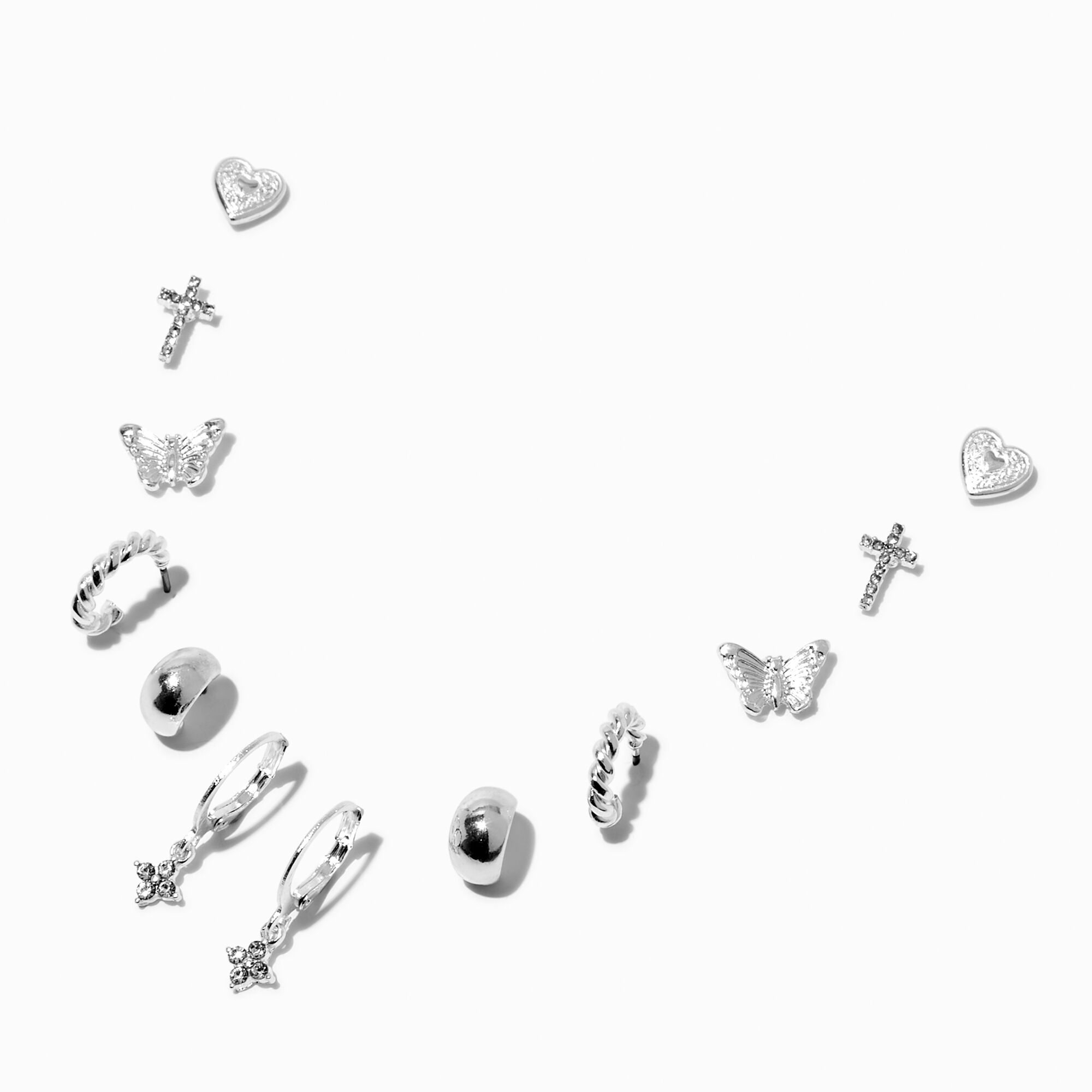 Silver-tone Butterfly Heart Earring Stackables Set - 6 Pack,