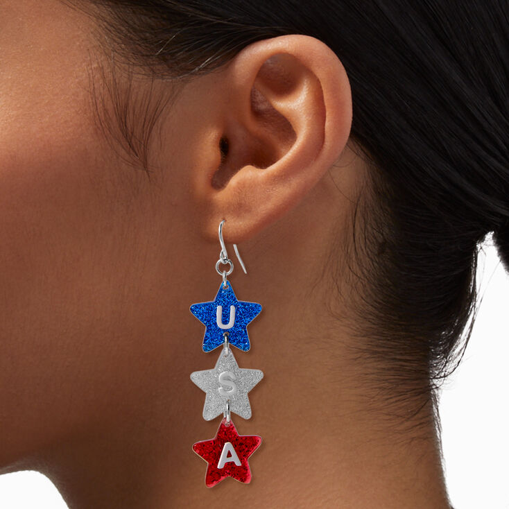 USA Glitter Star Trio 2&quot; Drop Earrings,