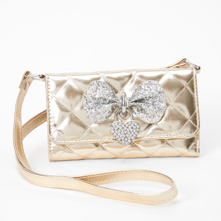 Glitter Bow Quilted Wallet - Gold | Claire's US