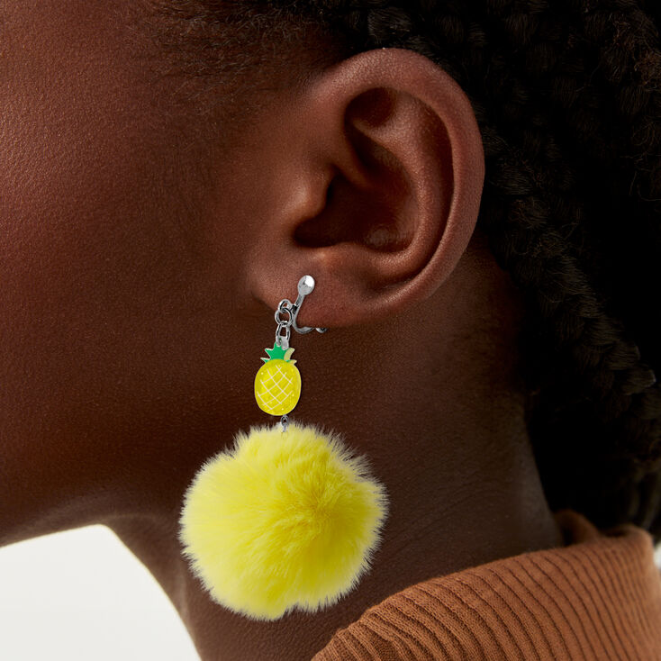 Pineapple Pom Pom Clip-On Drop Earrings,