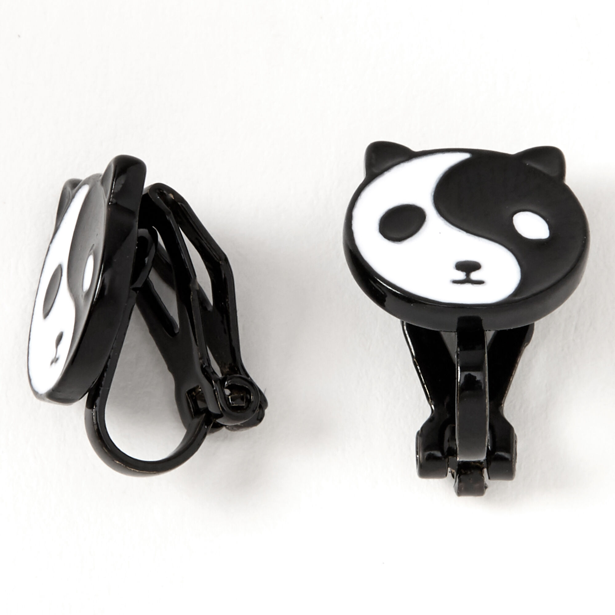 Clous d’oreilles à clip panda yin et yang noirs,