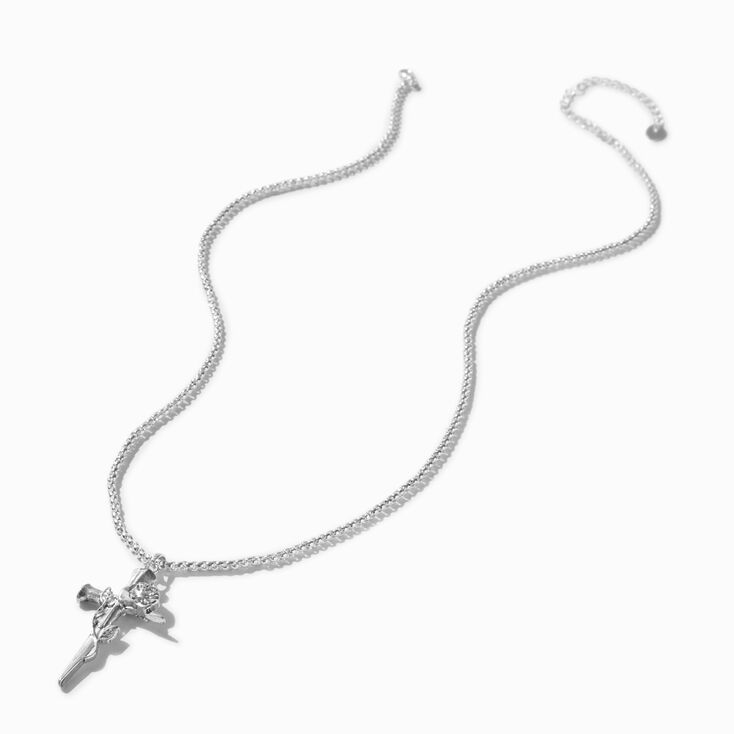 Silver-tone Long Nail Cross Rose Pendant Necklace,