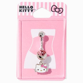 Hello Kitty&reg; Silver-tone 14G Pink Stone Charm Belly Ring,