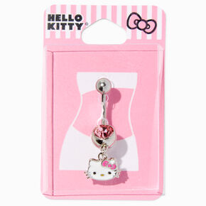 Hello Kitty&reg; Silver-tone Stainless Steel Pink Crystal Charm 14G Belly Bar,