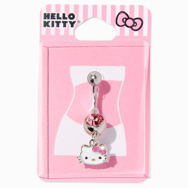 Hello Kitty&reg; Silver-tone Stainless Steel Pink Crystal Charm 14G Belly Bar,