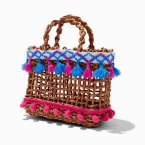 Basket-Weave Tote Bag with Tassels,