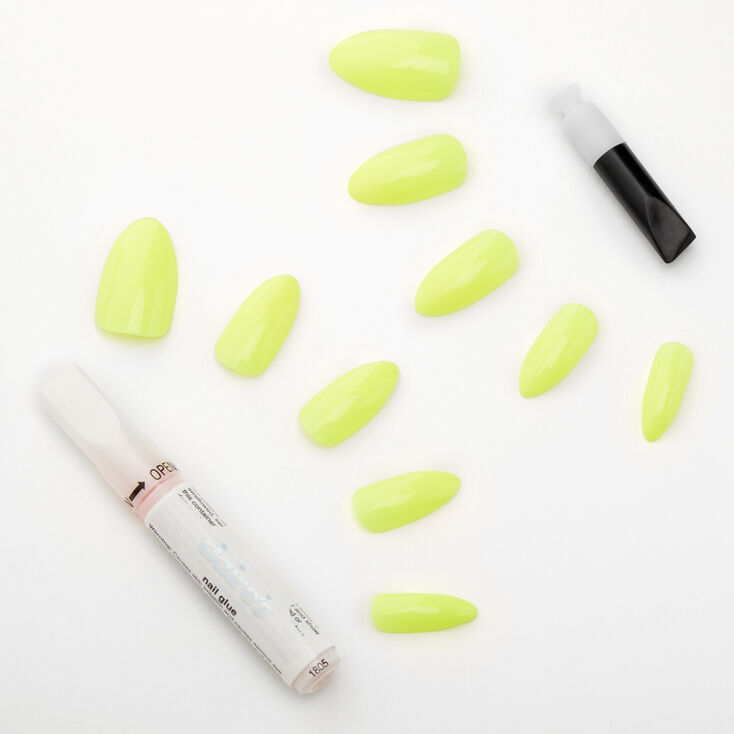 Faux ongles stiletto fluo brillants - Citron, lot de 24,