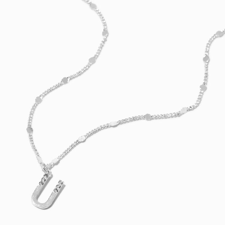 Silver-tone Half Stone Initial Pendant Necklace - U,