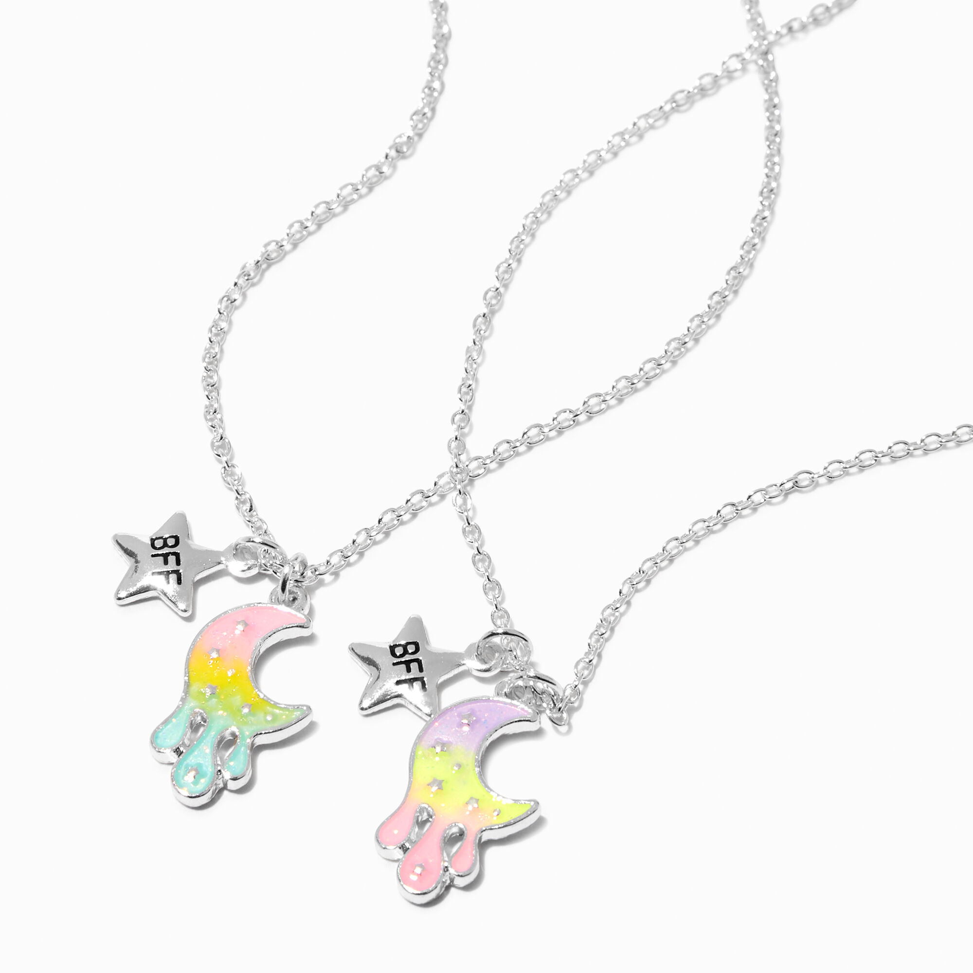 View Claires Best Friends Glow In The Dark Dripping Moon Pendant Necklaces 2 Pack Silver information