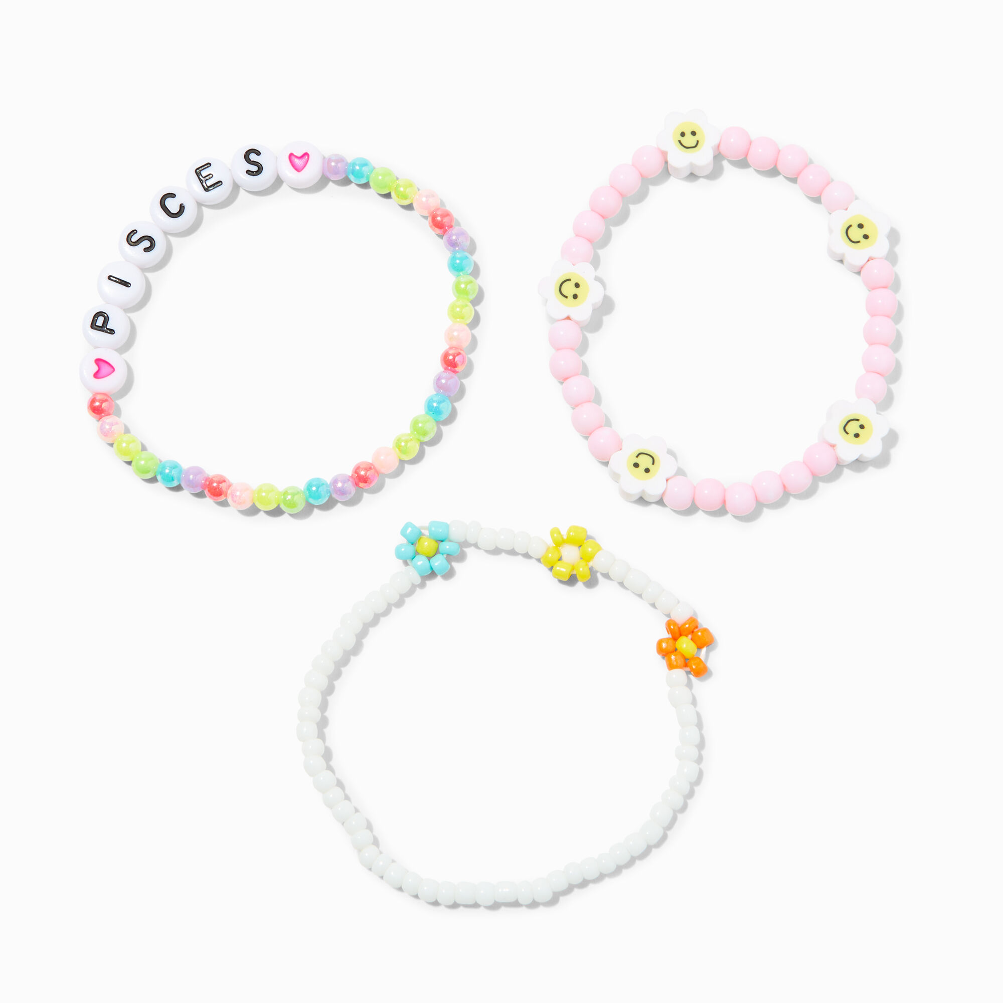 Zodiac Daisy Happy Face Beaded Stretch Bracelets 3 Pack Pisces Claire s US