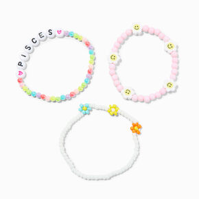 Zodiac Daisy Happy Face Beaded Stretch Bracelets - 3 Pack, Pisces,