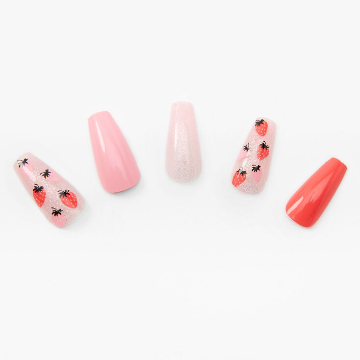 Glitter Strawberry Squareletto Vegan Faux Nail Set - 24 Pack