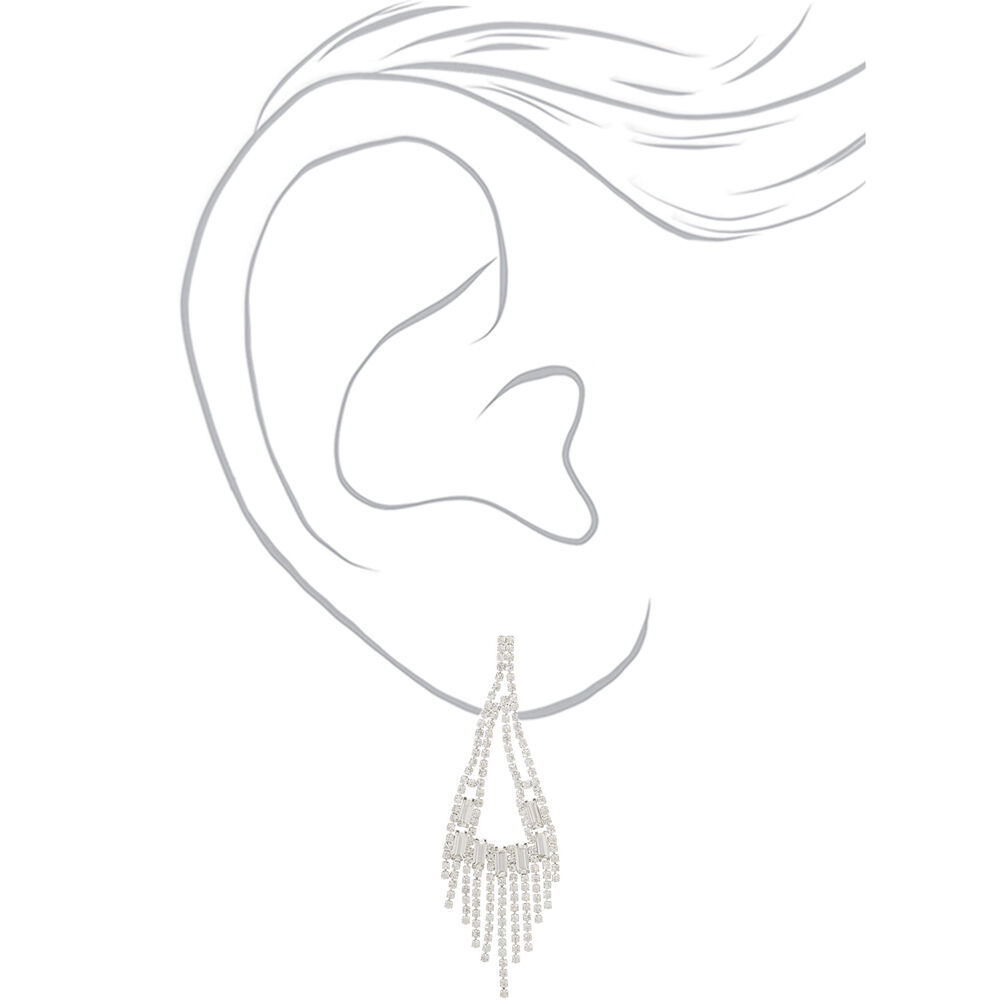 Silver Rhinestone 3" Rectangle Chandelier Drop Earrings,