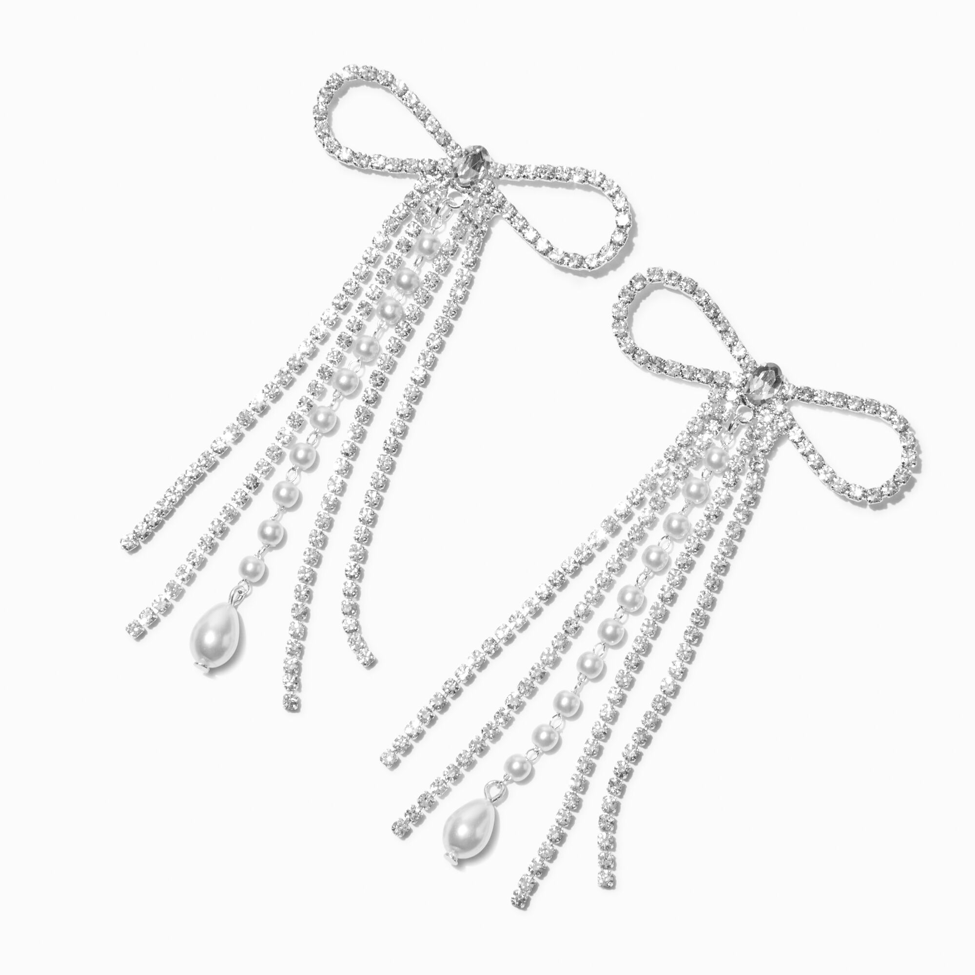 View Claires Tone Rhinestone Pearl Fringe Bow 3 Drop Earrings Silver information